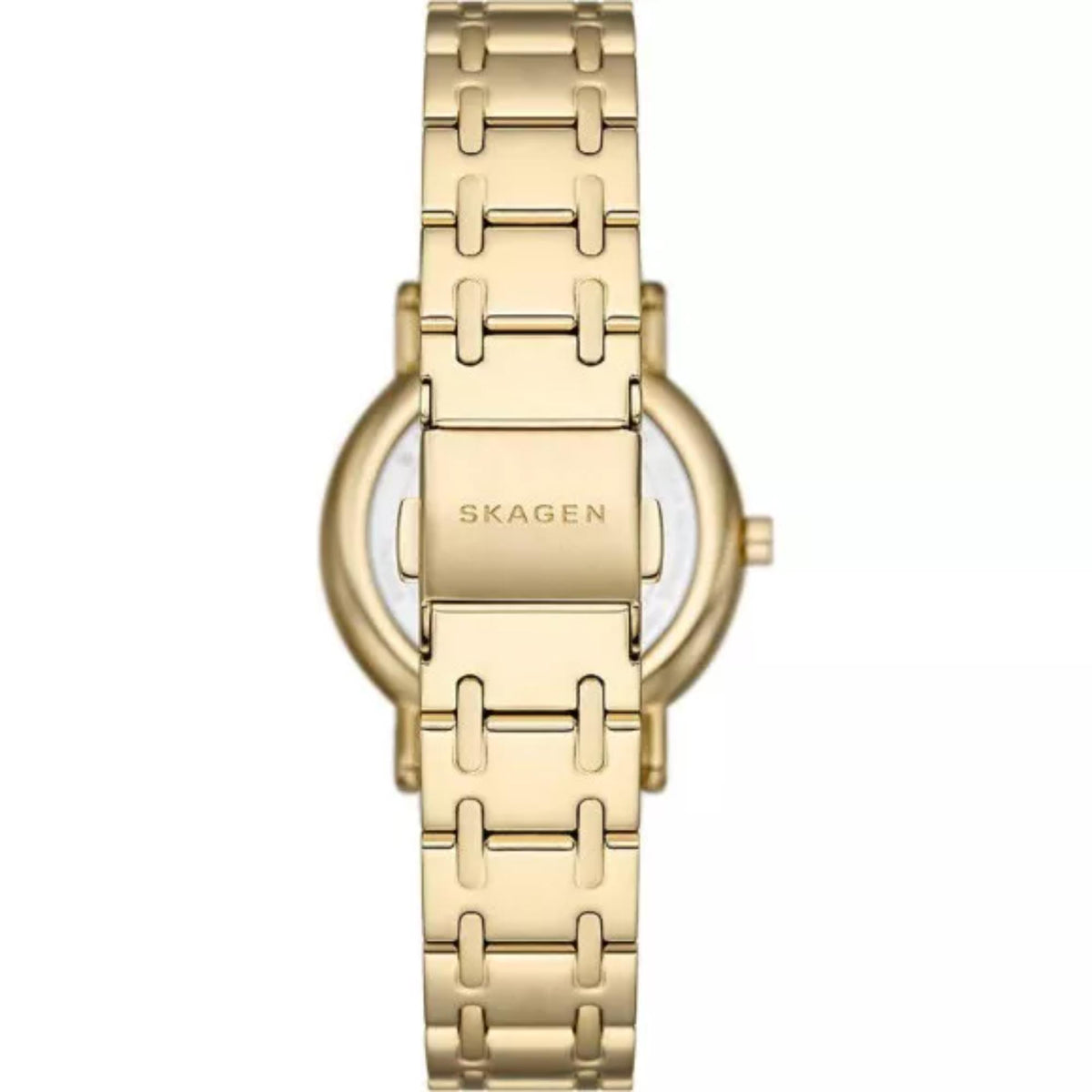 Gold stainless steel bracelet watch back view with centered case and crown