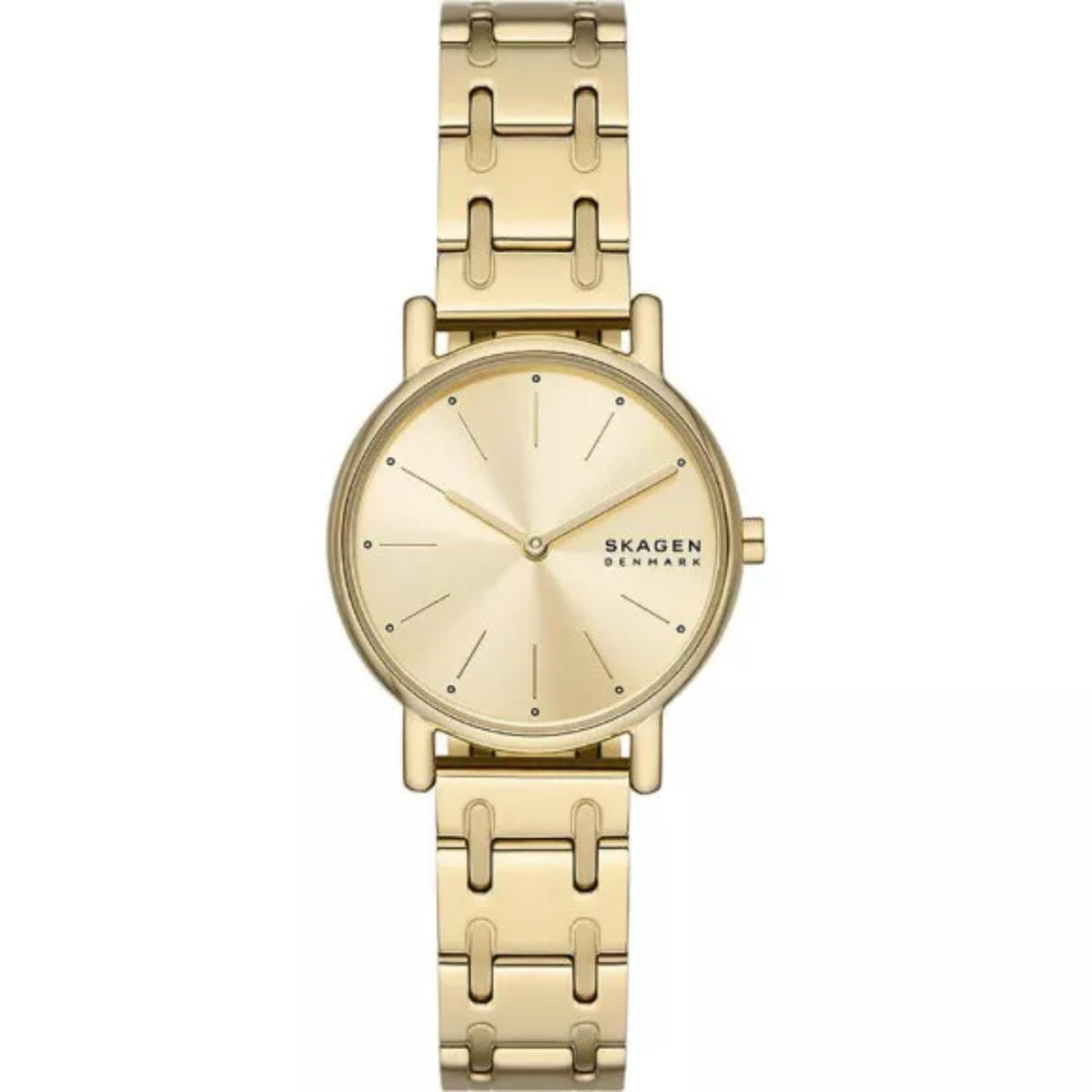 Gold stainless steel bracelet watch close front view with cream dial and baton markers