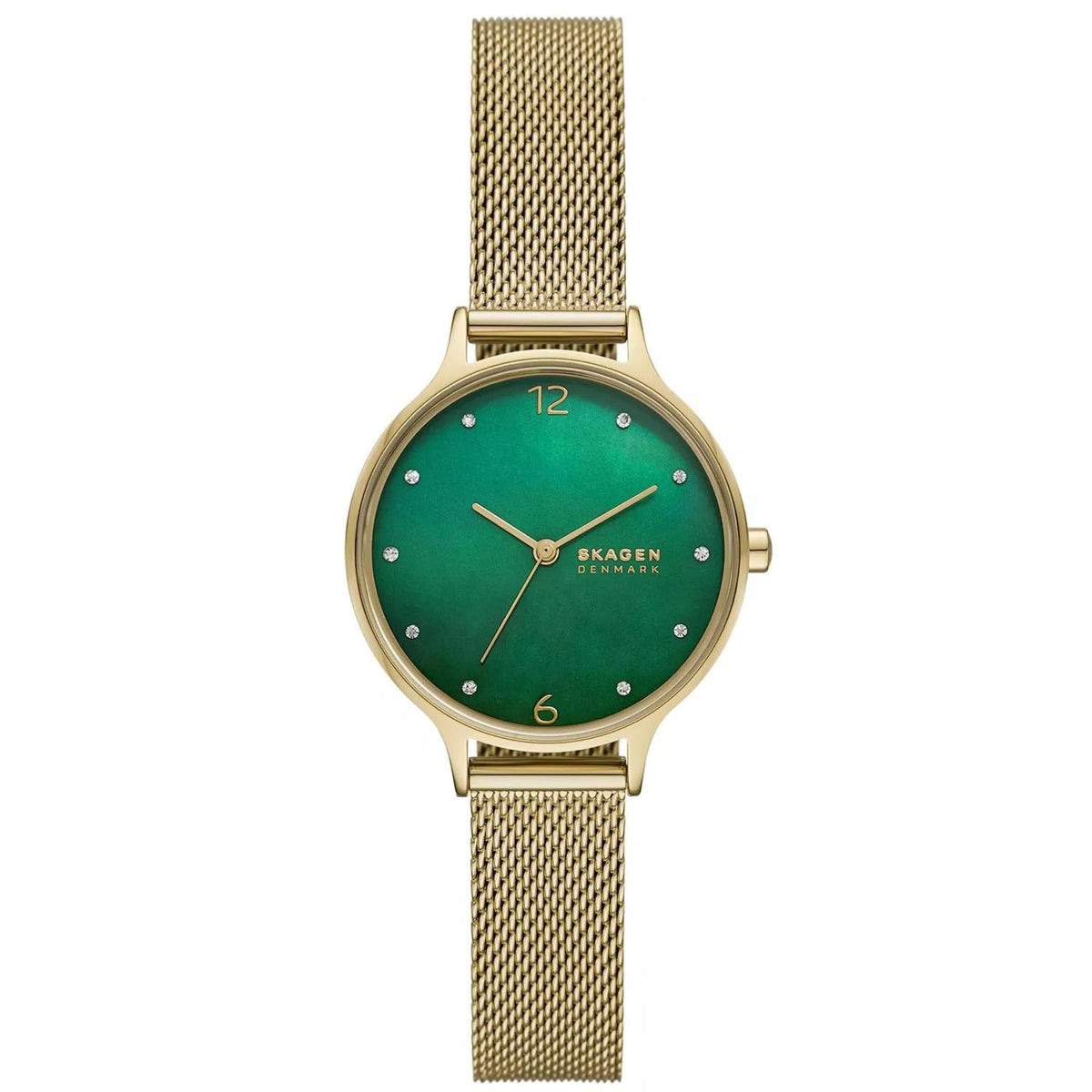Round watch with green dial and gold-tone mesh bracelet, three-hand display