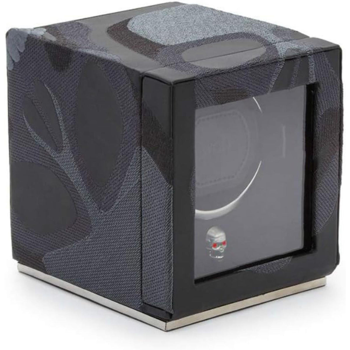 Dark textured single watch winder cube with front window and small skull centerpiece