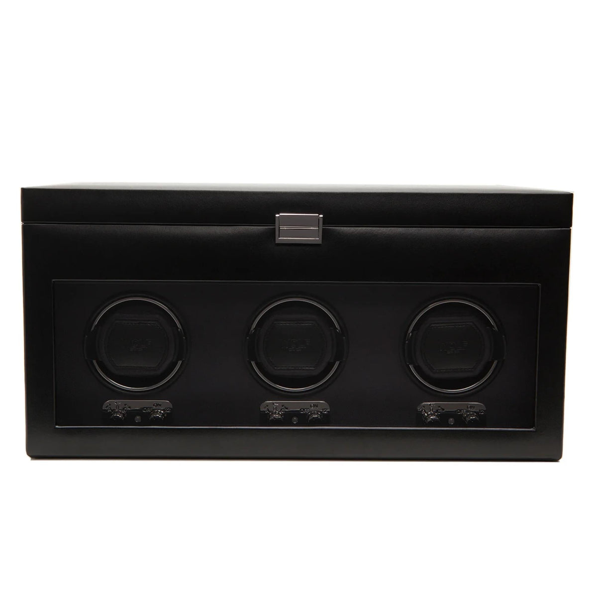 Black triple watch winder with three round dials on front panel, lid closed.