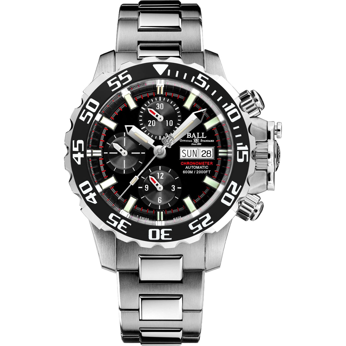 Men’s steel chronograph watch, black dial with subdials, date window, numbered dive-style bezel.