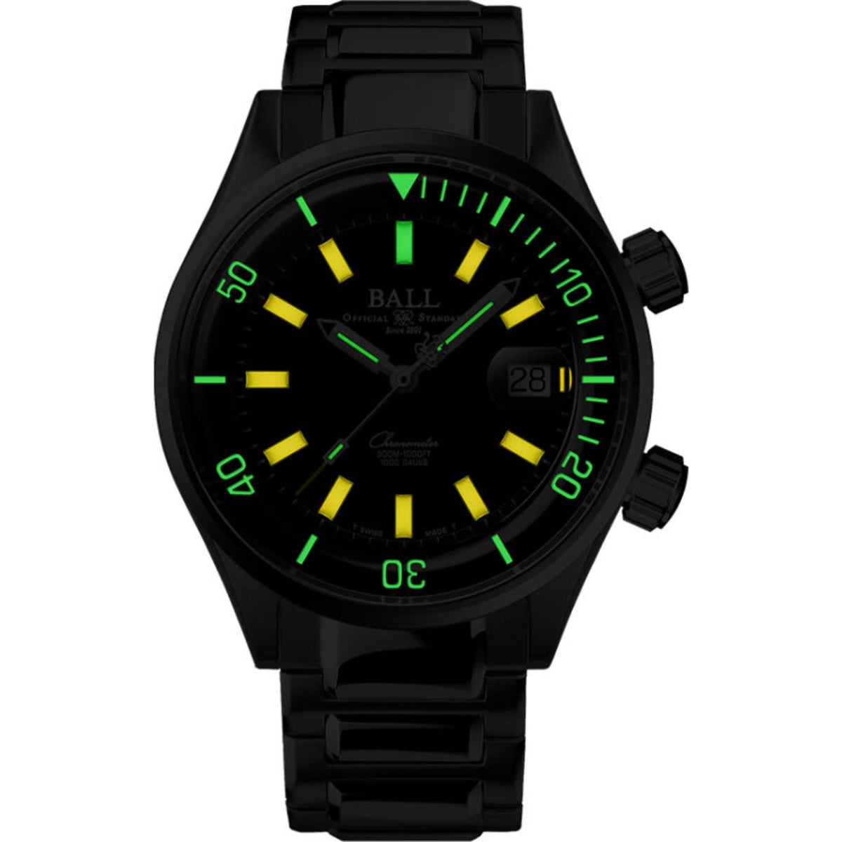 Men’s black diver watch with green luminous hands and markers, date window at 3