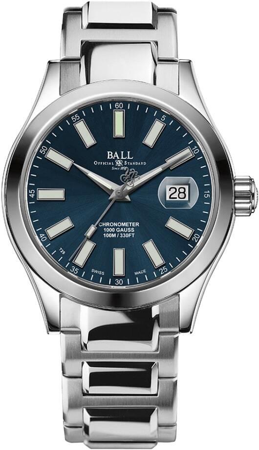 Silver men’s chronometer watch with blue dial, baton hands, and date window at 28
