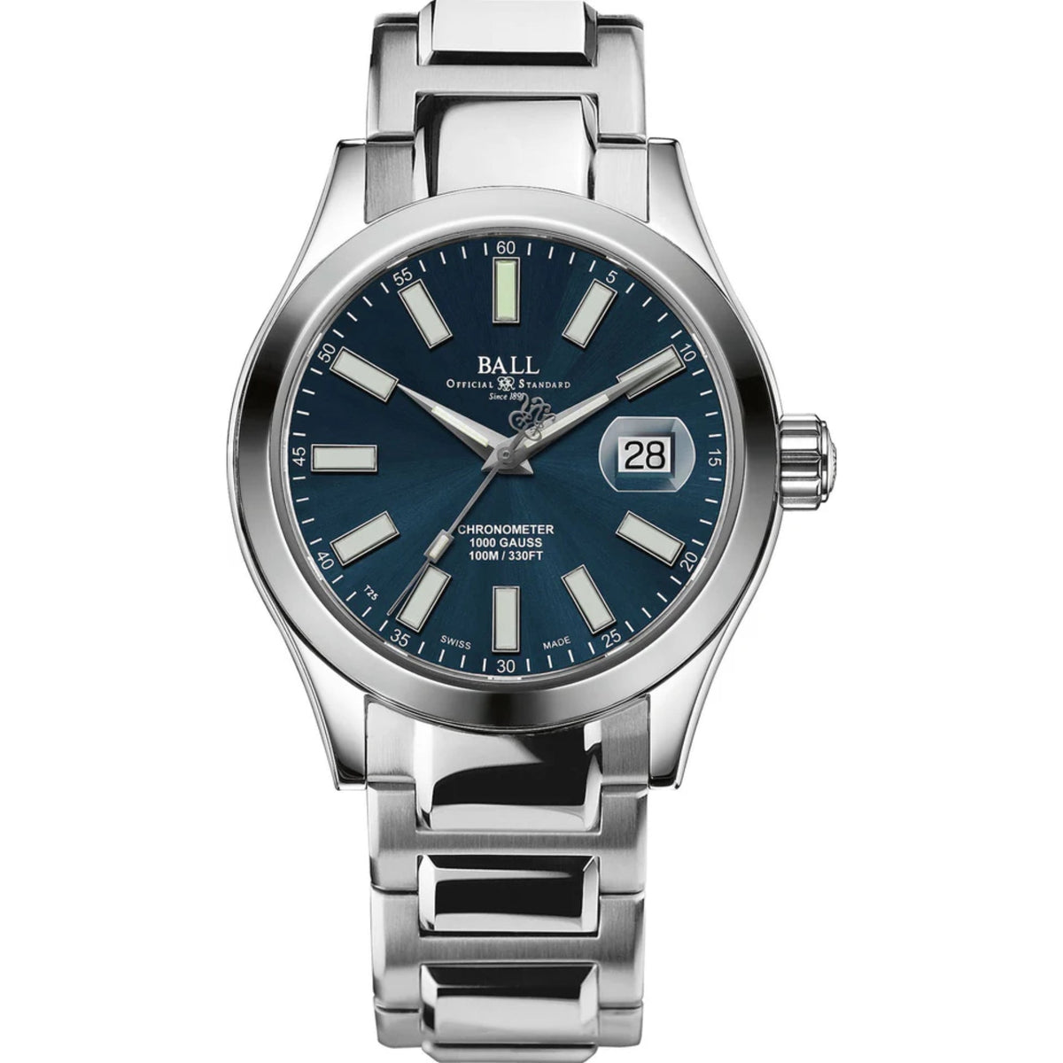 Silver men’s chronometer watch with blue dial and metal bracelet, date window at 28