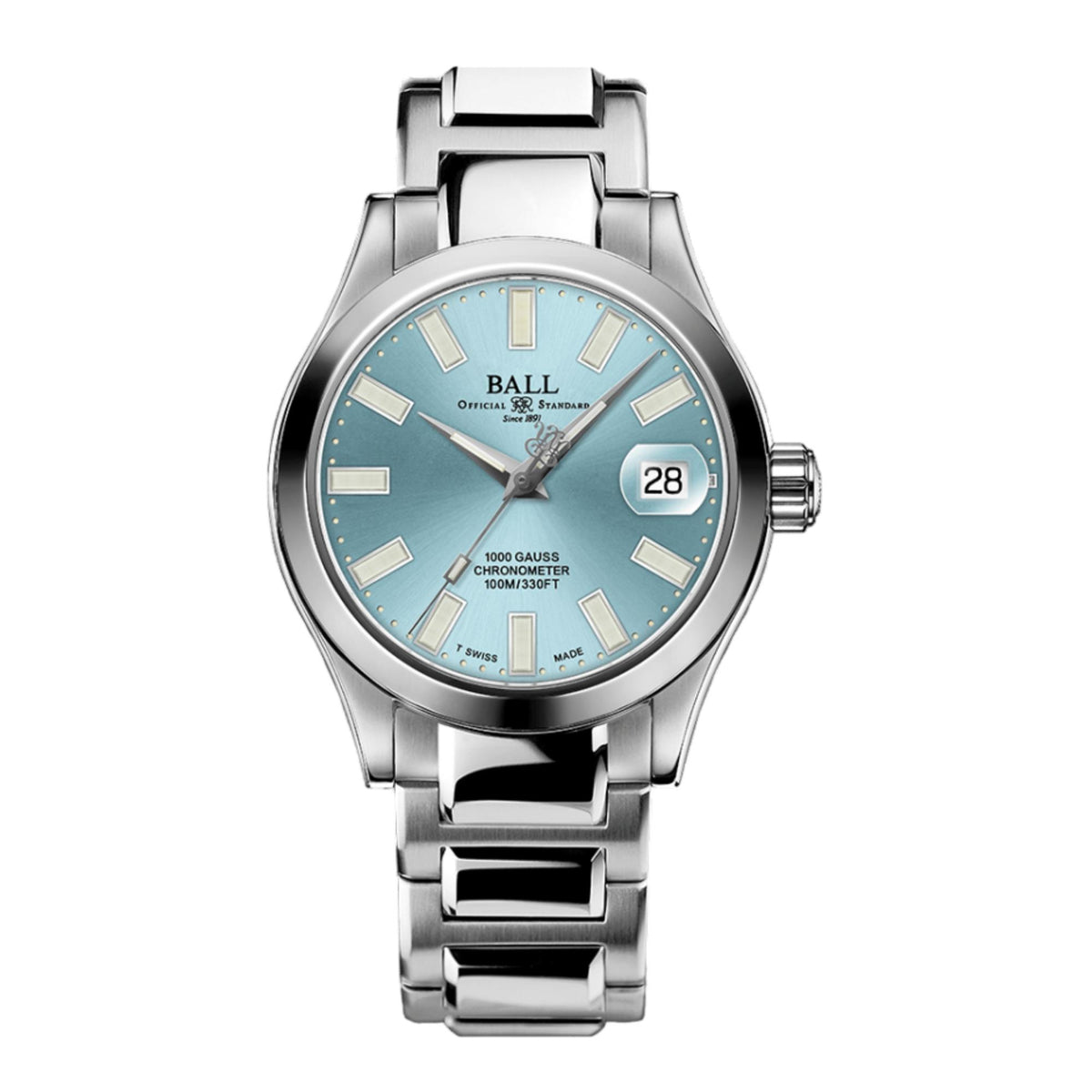 Stainless steel watch with light blue dial, baton markers, and date window showing 28