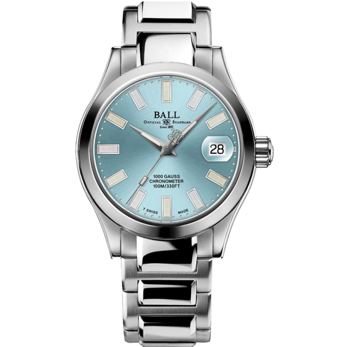 Stainless steel watch with light blue dial and linked bracelet, date window showing 28