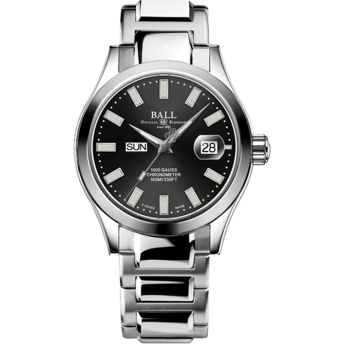 Men's stainless steel watch, black dial with luminous markers and date window showing 28.