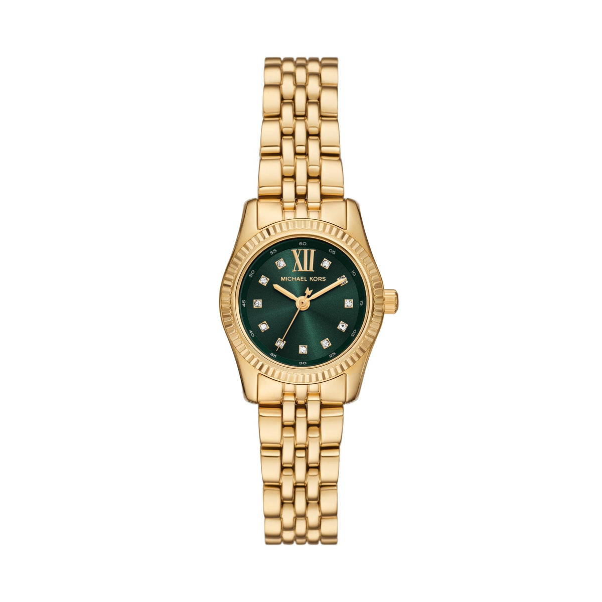 Gold-tone women’s watch with green dial, roman numerals, and metal bracelet