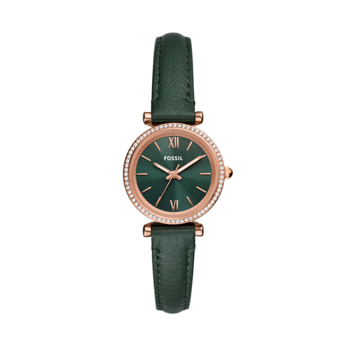 Fossil ladies quartz watch with green dial, rose-gold indices, crystal bezel, leather strap