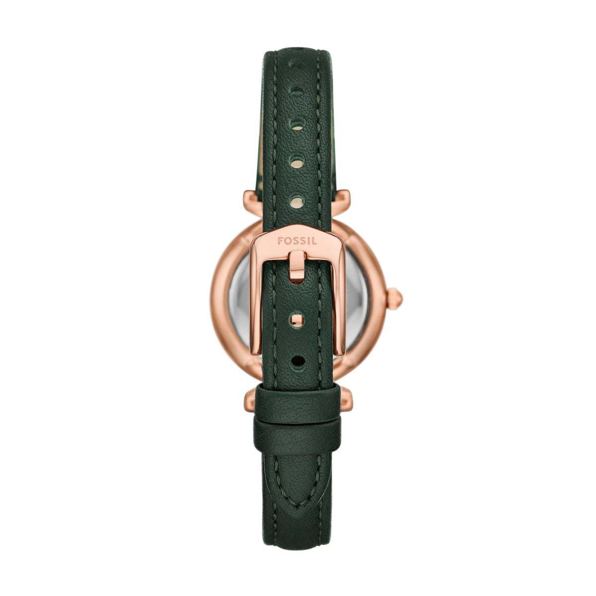 Fossil ladies watch back view with rose-gold frame and dark green leather strap