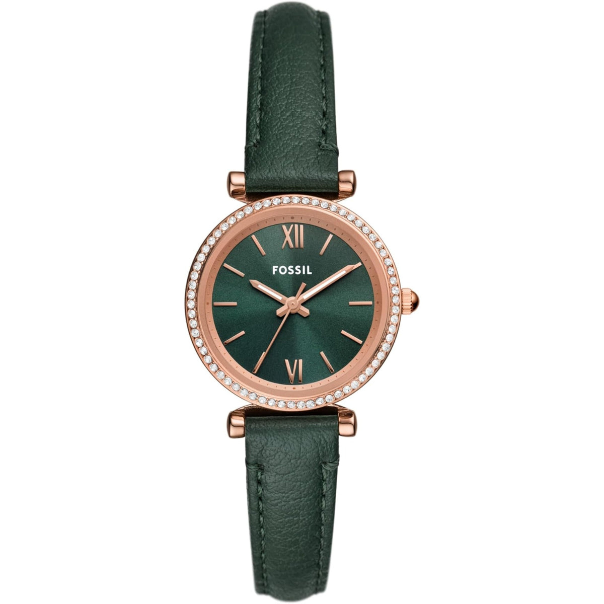 Fossil ladies quartz watch, green dial and rose-gold bezel with dark green leather band