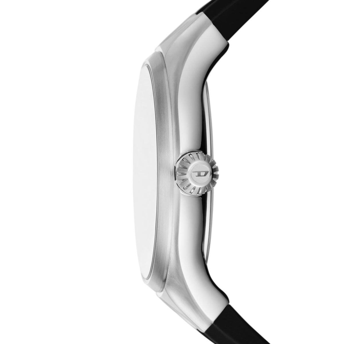 Diesel Streamline watch close side profile with stainless steel case and black silicone strap
