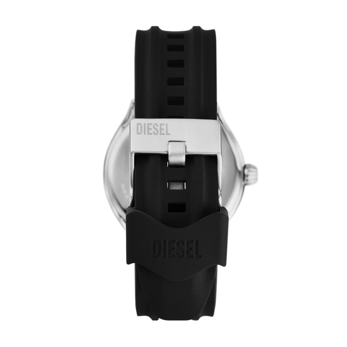 Diesel Streamline watch close back view with black silicone strap and stainless steel case