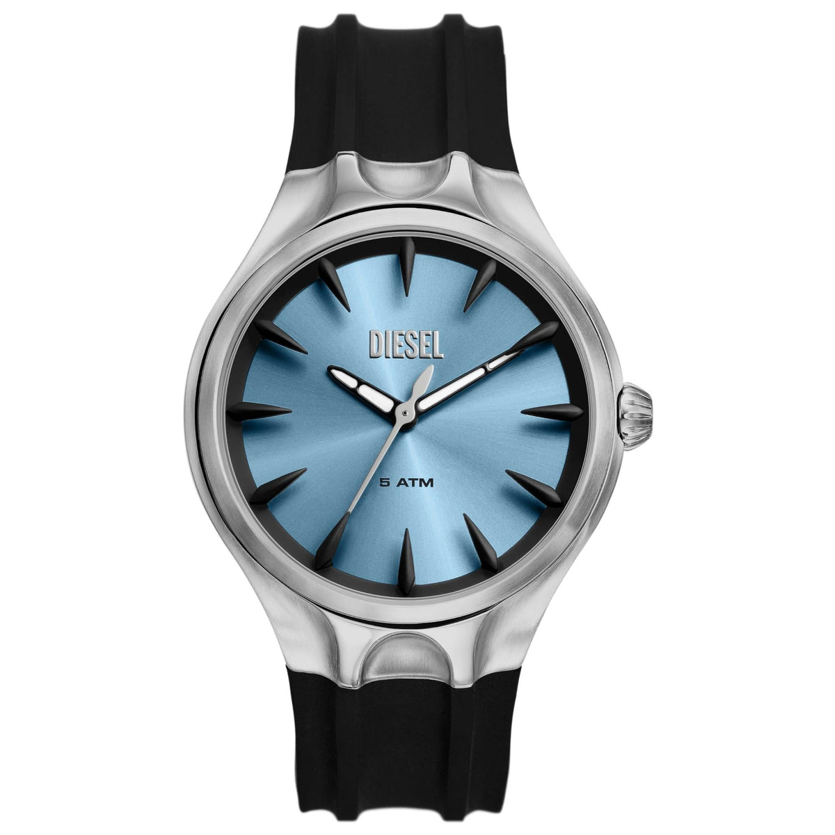 Diesel Streamline men's quartz watch front view with blue gradient dial and black silicone strap