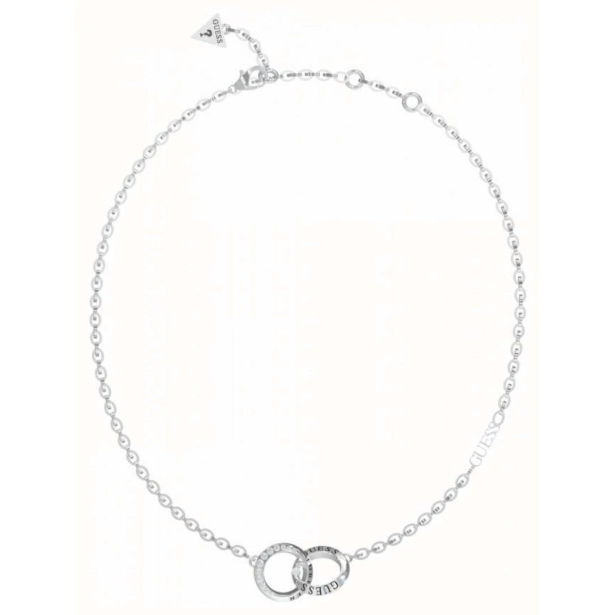 Silver mini link necklace with twin ring heart pendant at the neckline