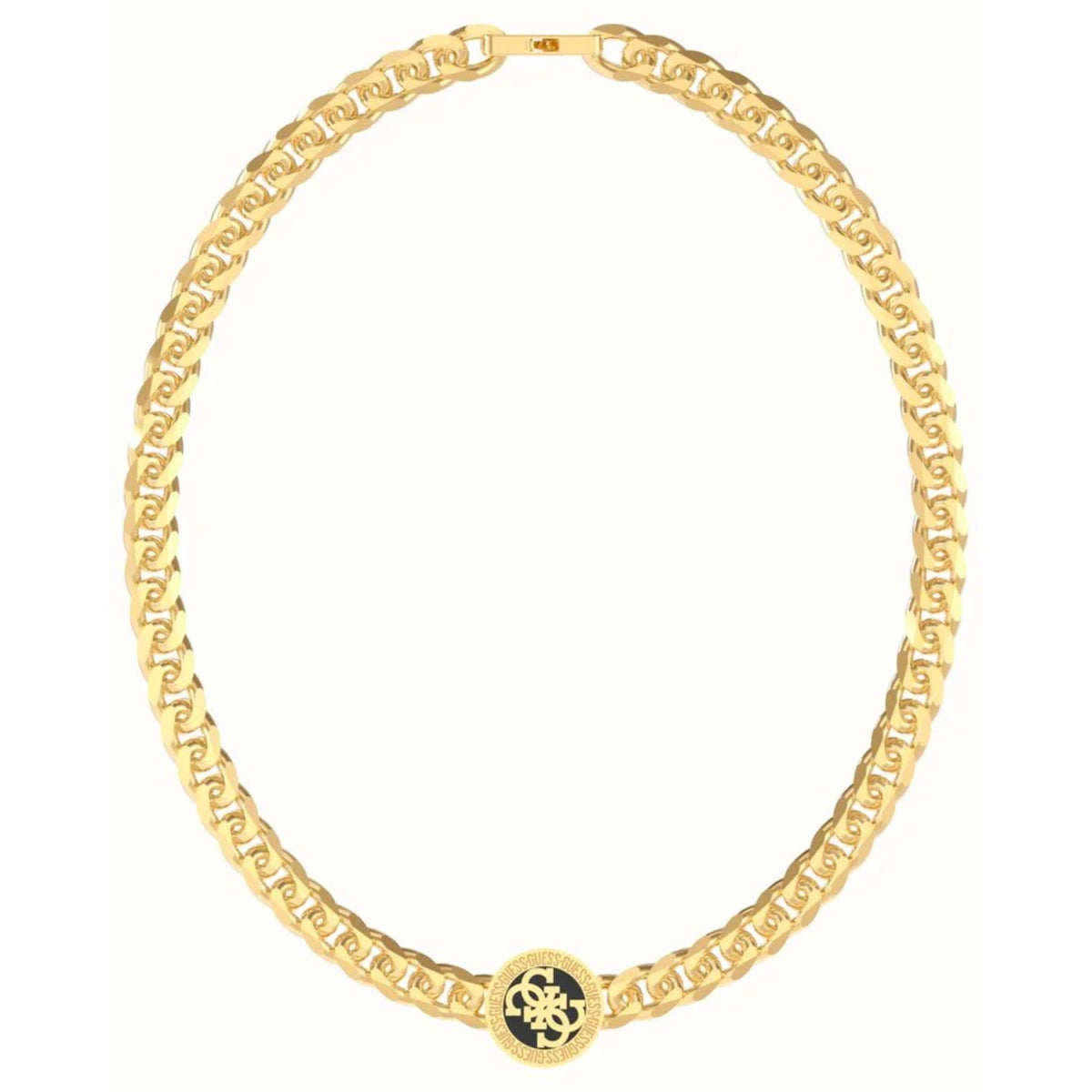 Gold-plated curb chain necklace with round black logo emblem pendant