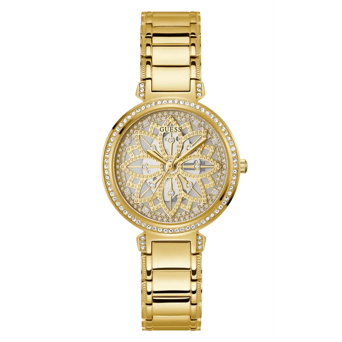 Gold tone analog watch with champagne dial, crystal hour markers, and link bracelet