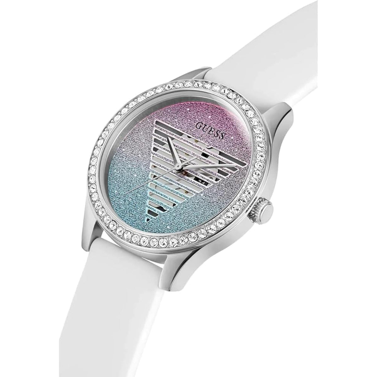 Angled Guess glitter watch with white strap and shimmering blue-to-pink dial