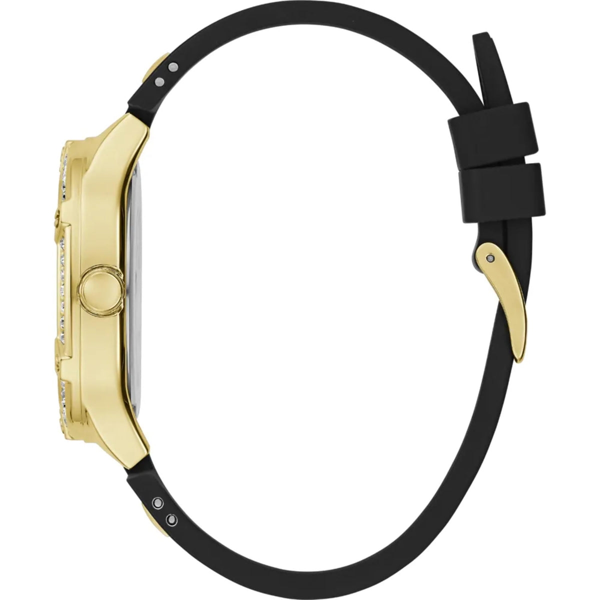 Women’s watch side view showing gold-tone case edge and black silicone strap