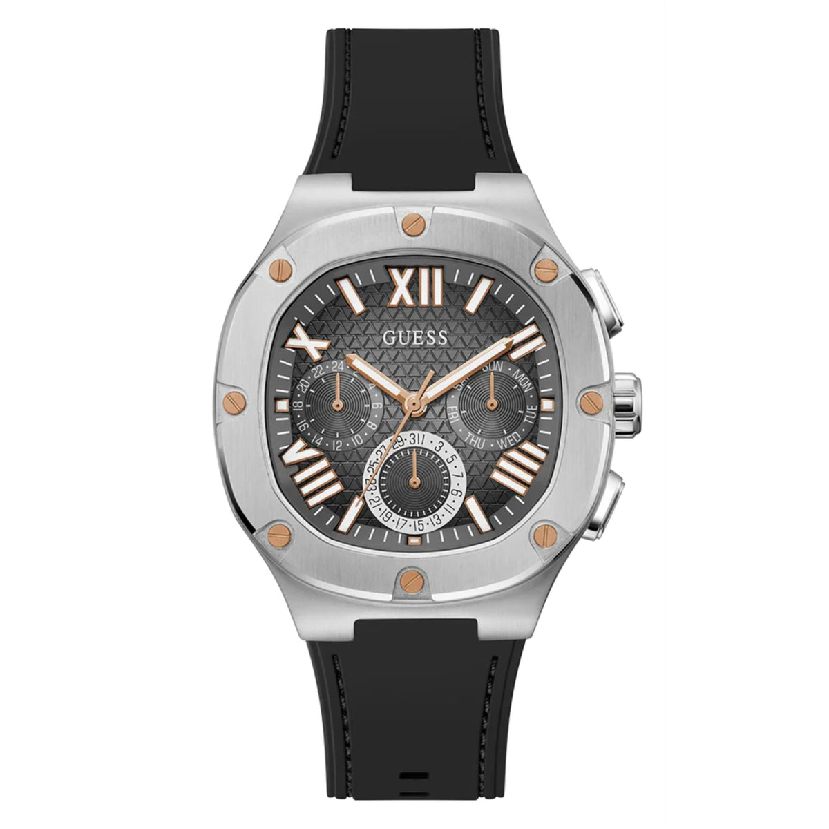Men's textured dial watch straight-on front view, black dial, black silicone strap, silver case