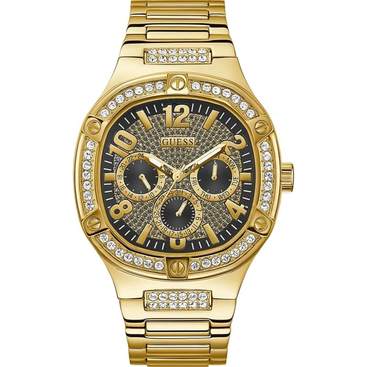 Gold-tone men’s bracelet watch with black dial, crystal bezel, and Roman numeral 12