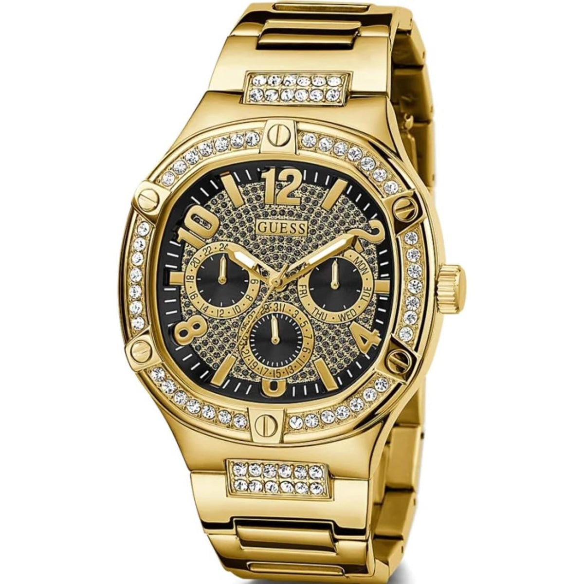 Gold-tone men’s bracelet watch three-quarter view: black dial with crystal bezel