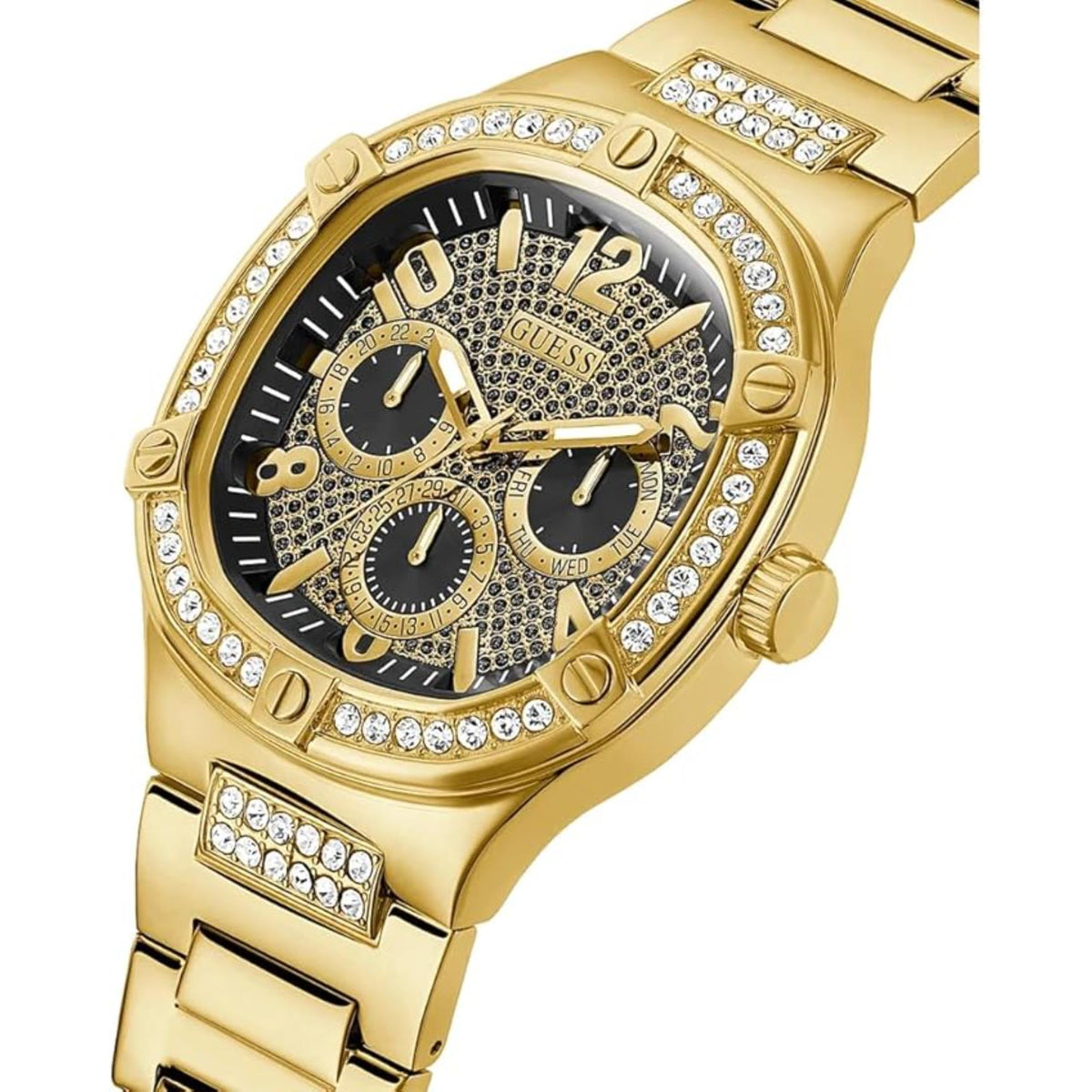 Gold-tone bracelet watch with black crystal dial and sparkling bezel accents.