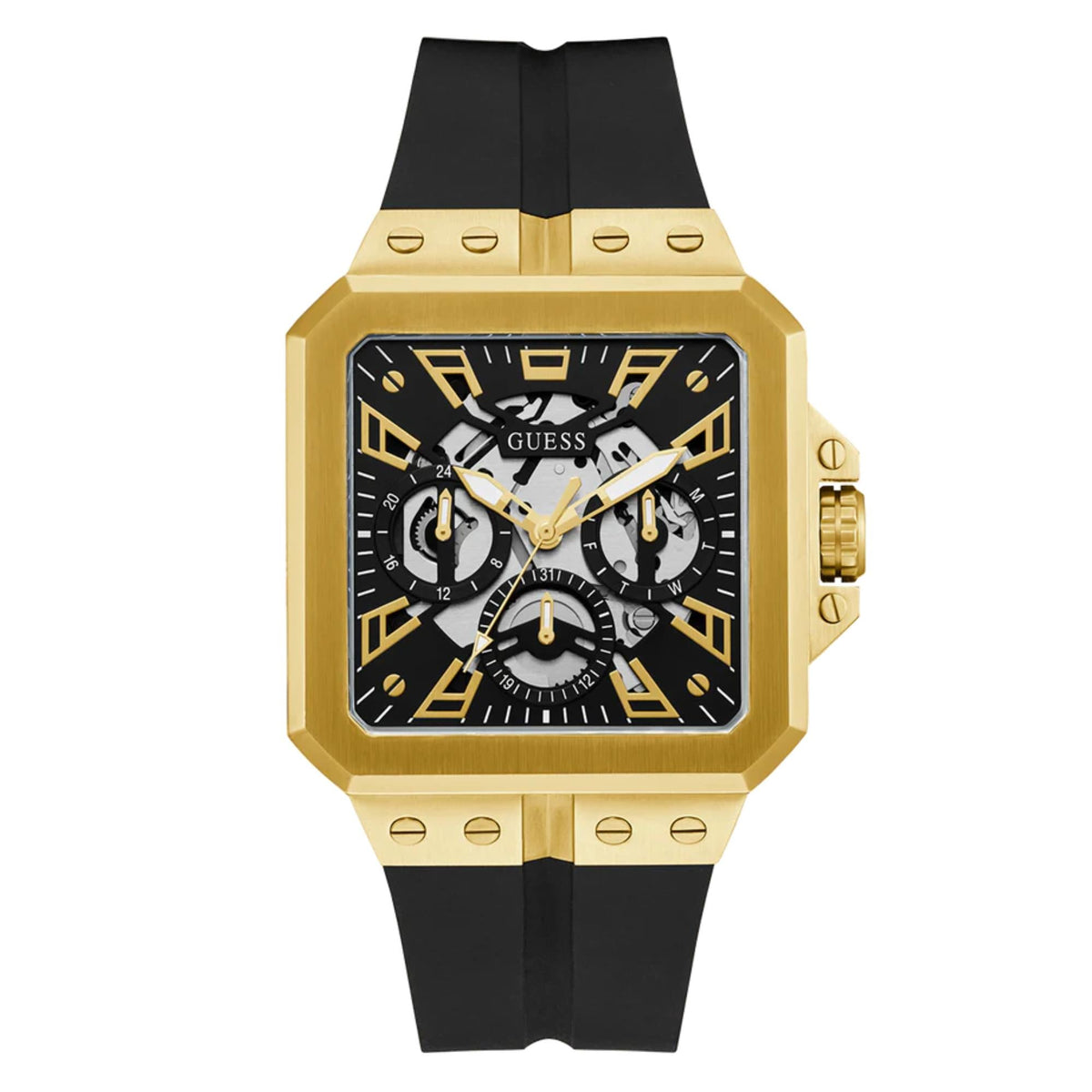 Guess men’s gold-tone case black dial chronograph-style watch with black silicone strap