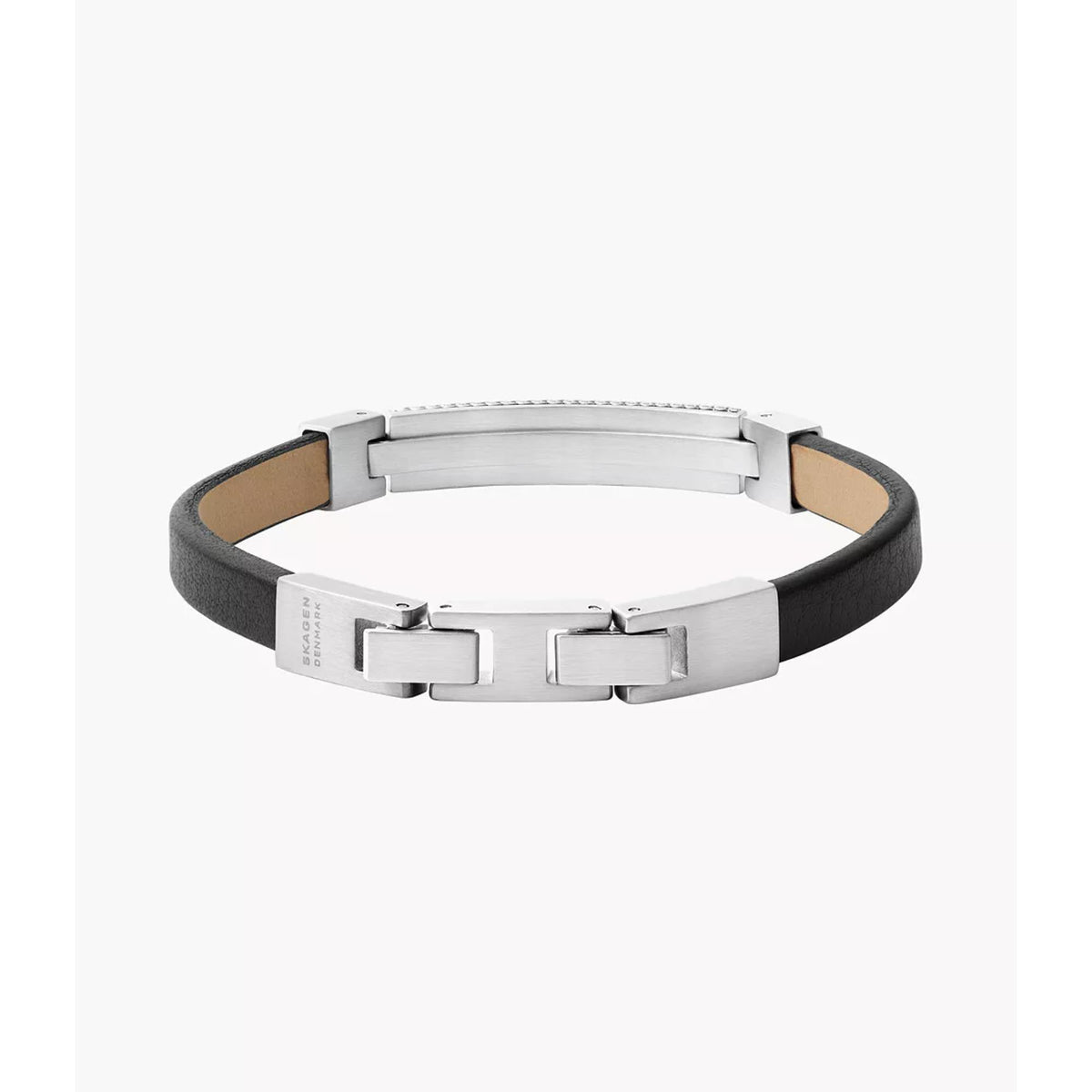 Skagen men's leather strap bracelet from above, silver clasp, dark gray strap