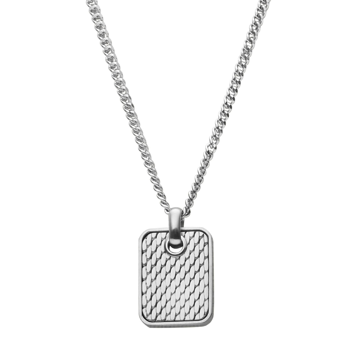 Skagen silver-tone stainless steel pendant necklace for men, textured rectangular pendant