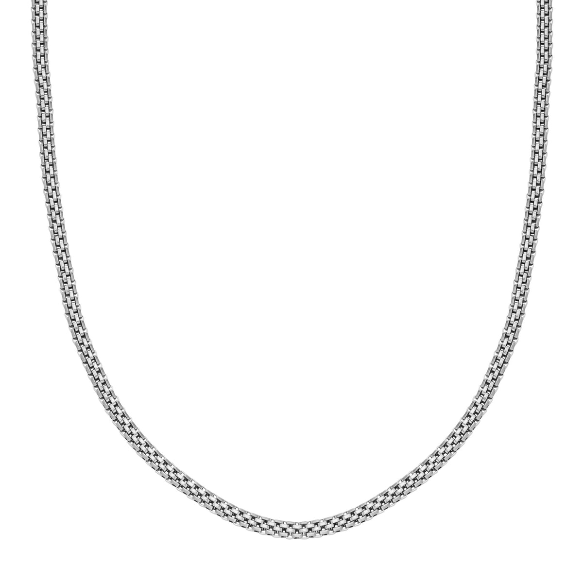 Silver mesh chain necklace close-up, textured oval link pattern
