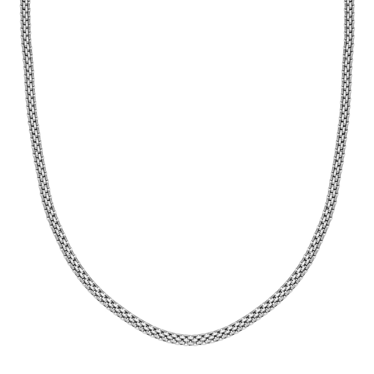Silver stainless steel chain necklace close-up, interwoven mesh links