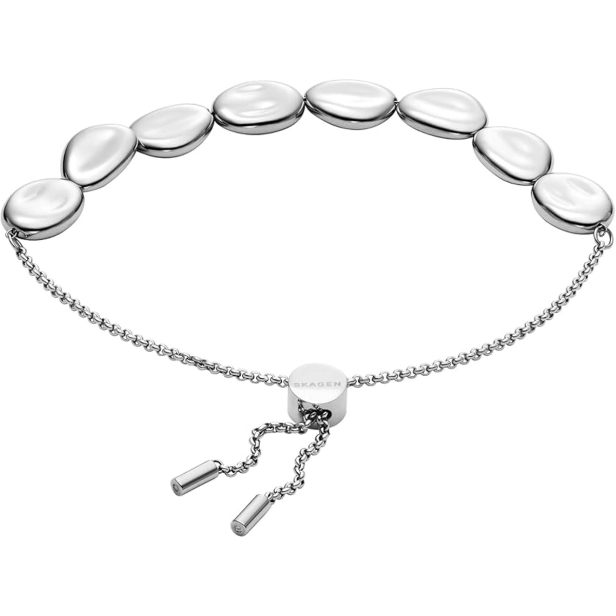 Silver beaded station bracelet with oval polished links and two dangling bar accents