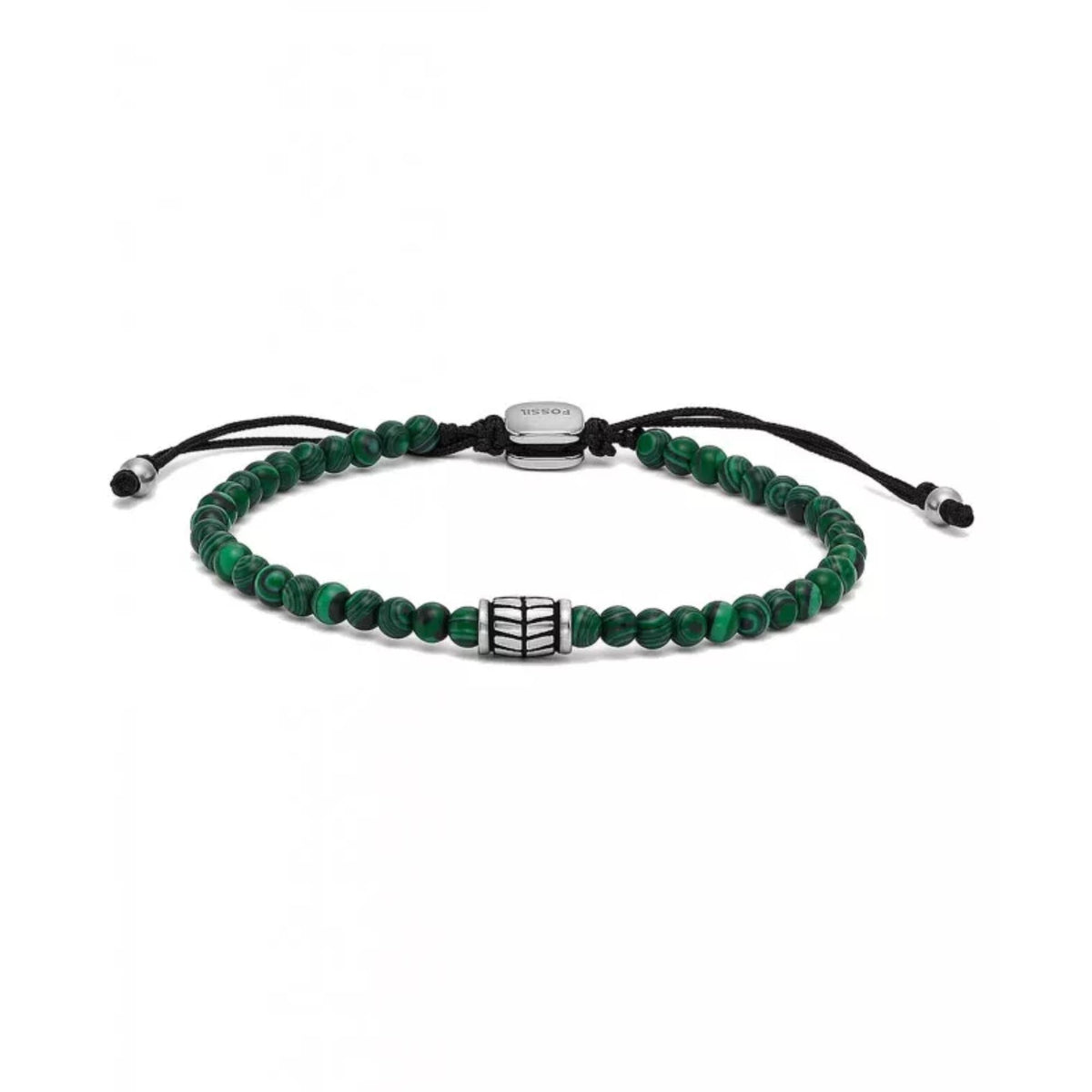 Men's beaded malachite bracelet with green beads and silver square clasp, adjustable cord