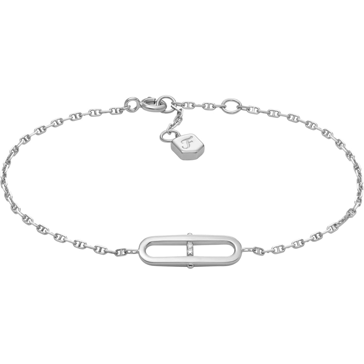 Sterling silver station bracelet with open oval centerpiece, F charm, and lobster clasp