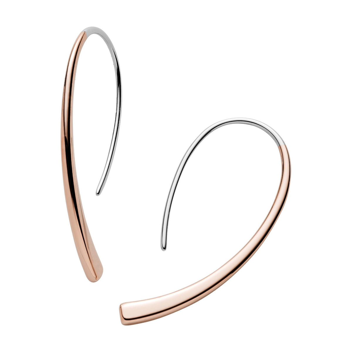 Two-tone threader hoop earrings with rose gold-toned outer arc and silver inner wire