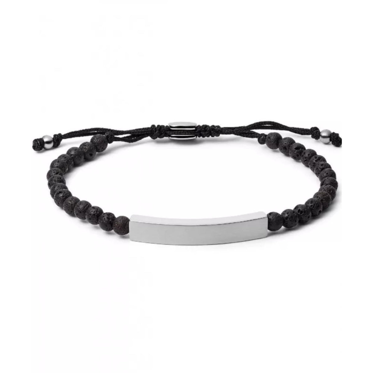 Men's black lava stone bracelet with silver rectangle plaque and braided strands