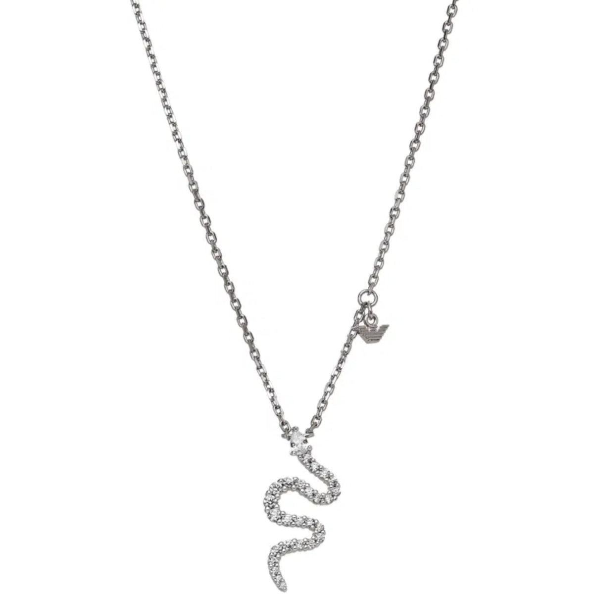 Sterling silver pendant necklace, front view, with letter-style studded pendant on chain