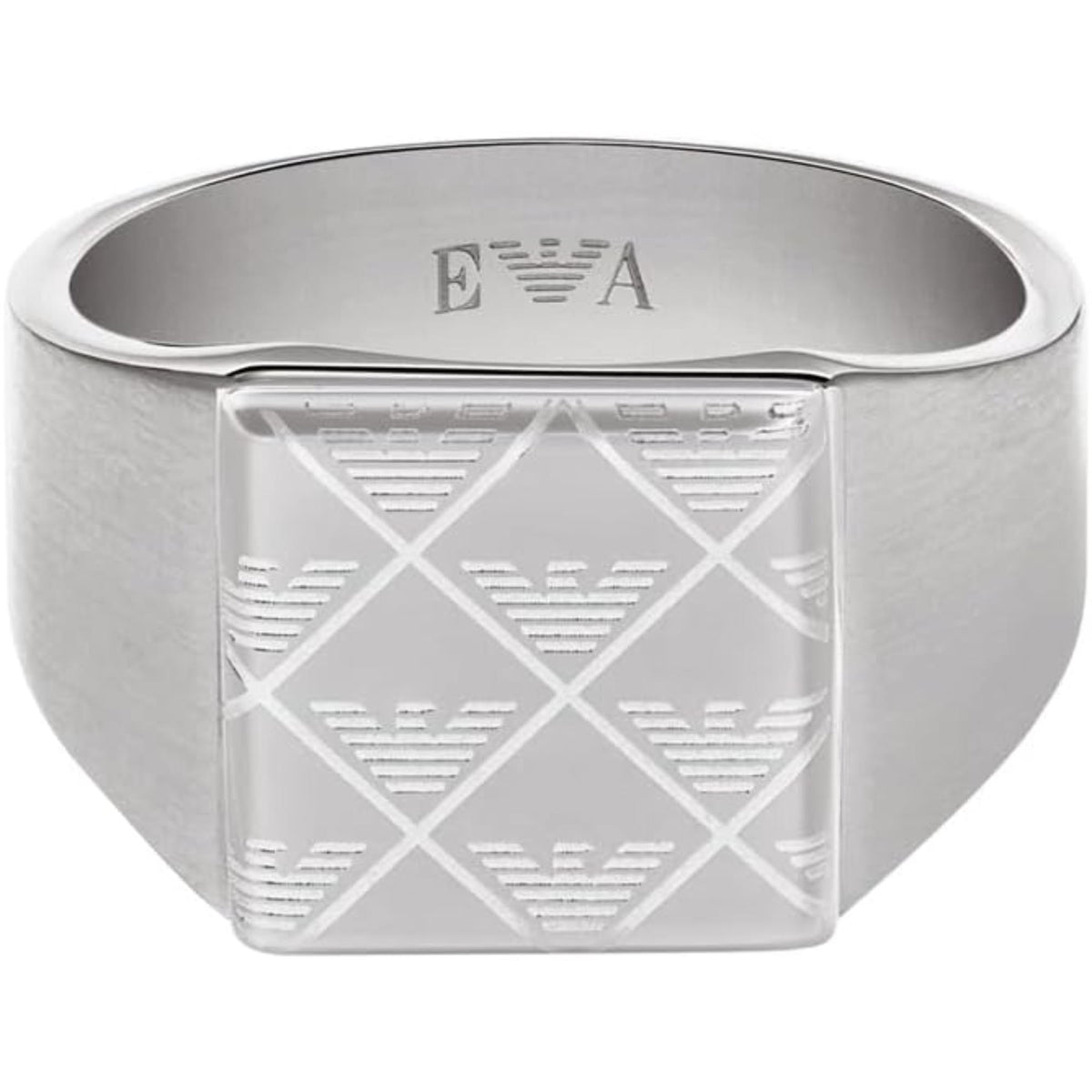 Men's silver signet ring top view, EA emblem above geometric patterned panel