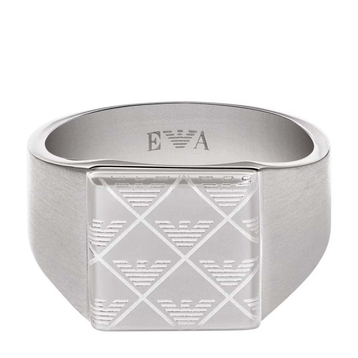 Men's silver signet ring front view with EA emblem and etched eagle pattern