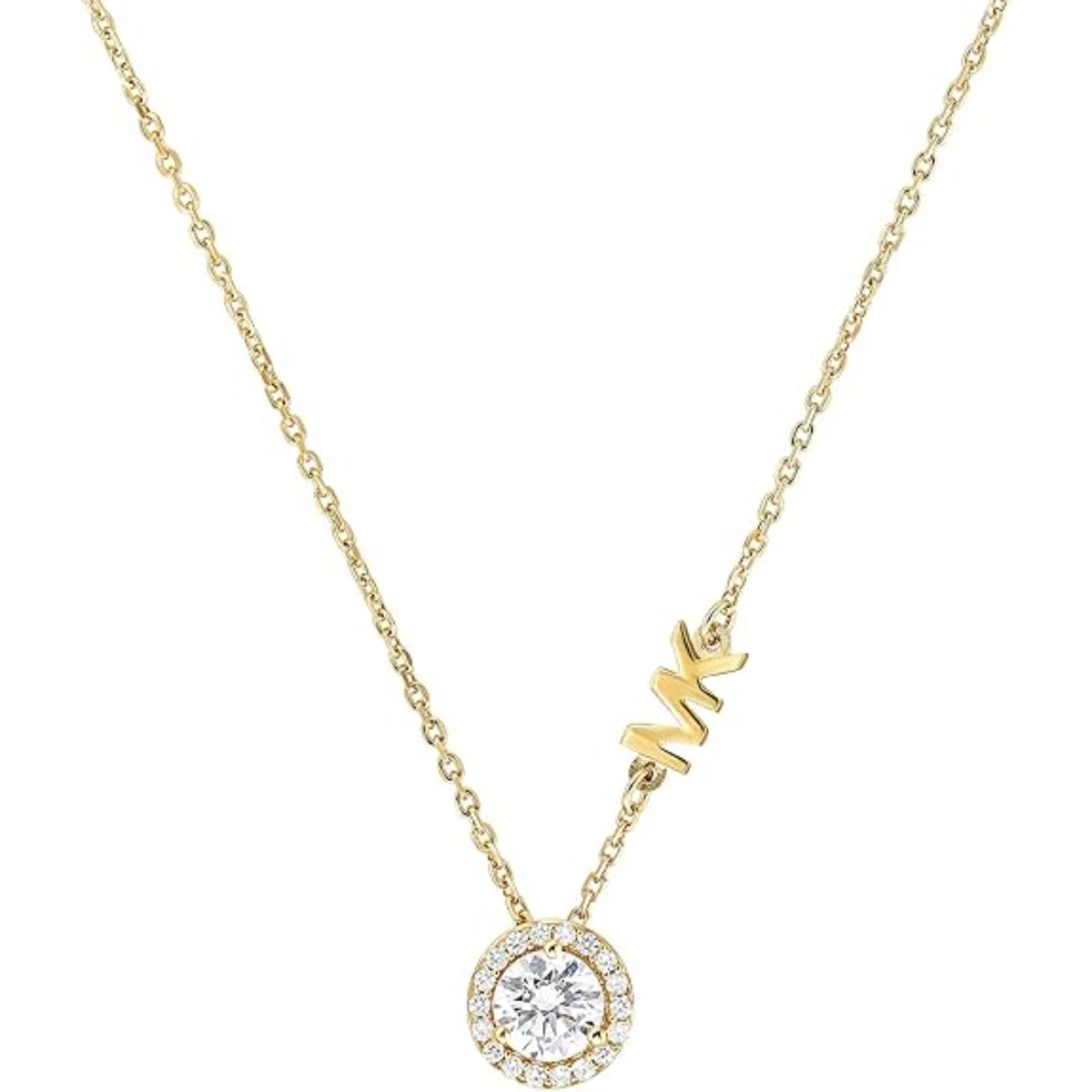 Gold-tone chain necklace featuring CZ round halo pendant and lightning bolt charm