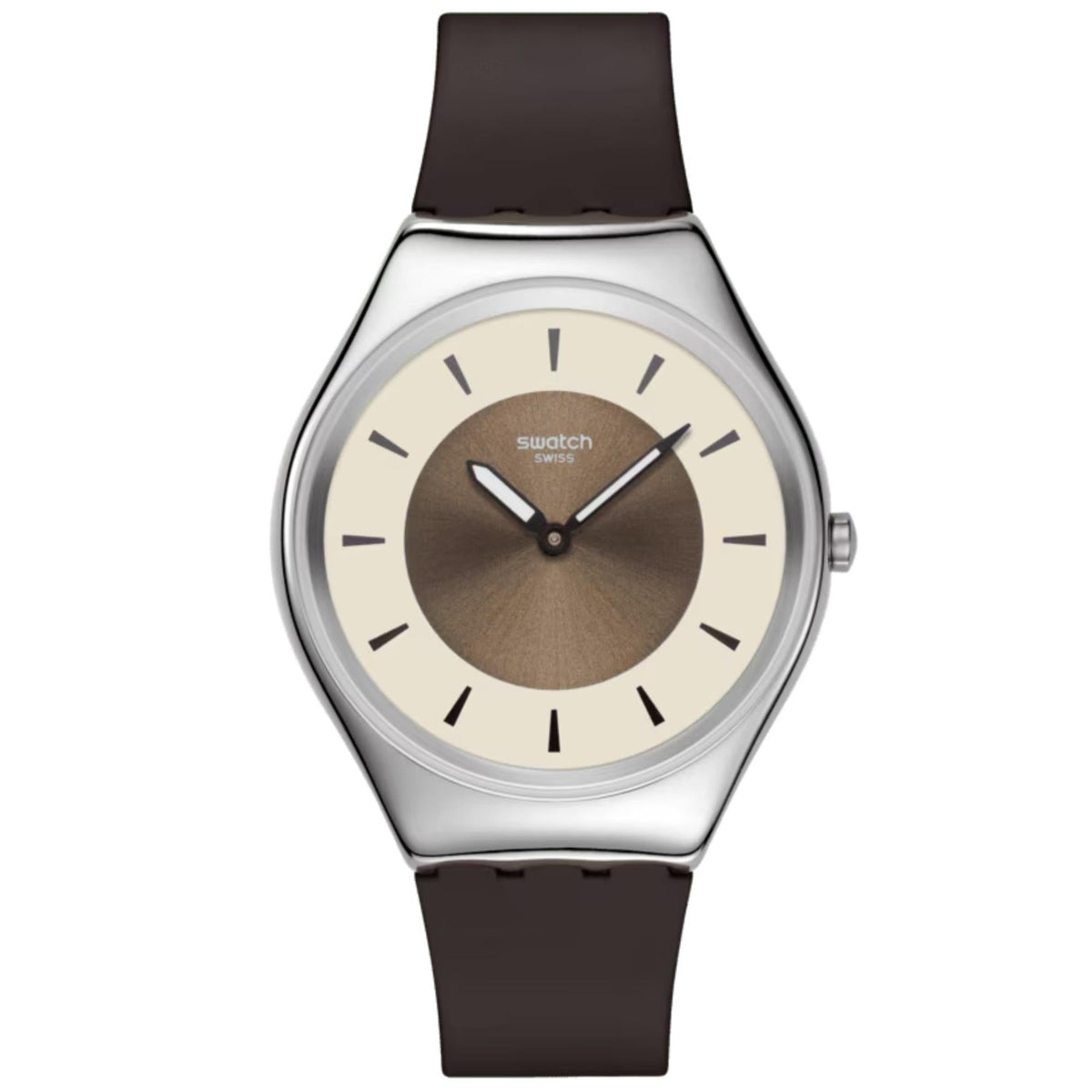 Swatch round watch with dark brown silicone strap and bronze center dial in silver-tone case