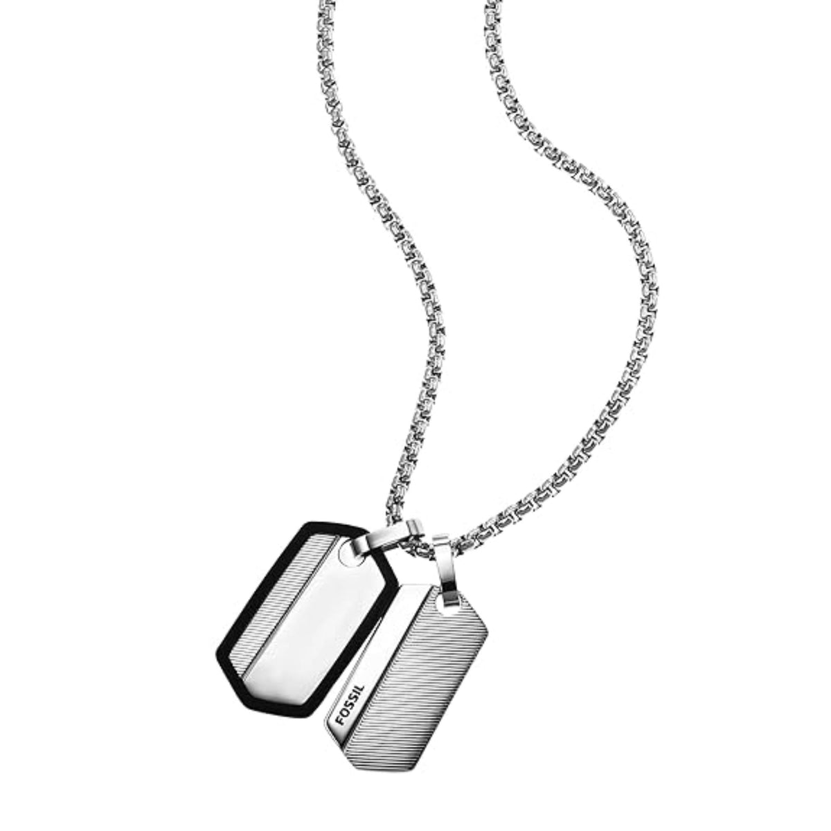 Stainless steel dog tag necklace with two hexagonal chevron-textured pendants and link chain