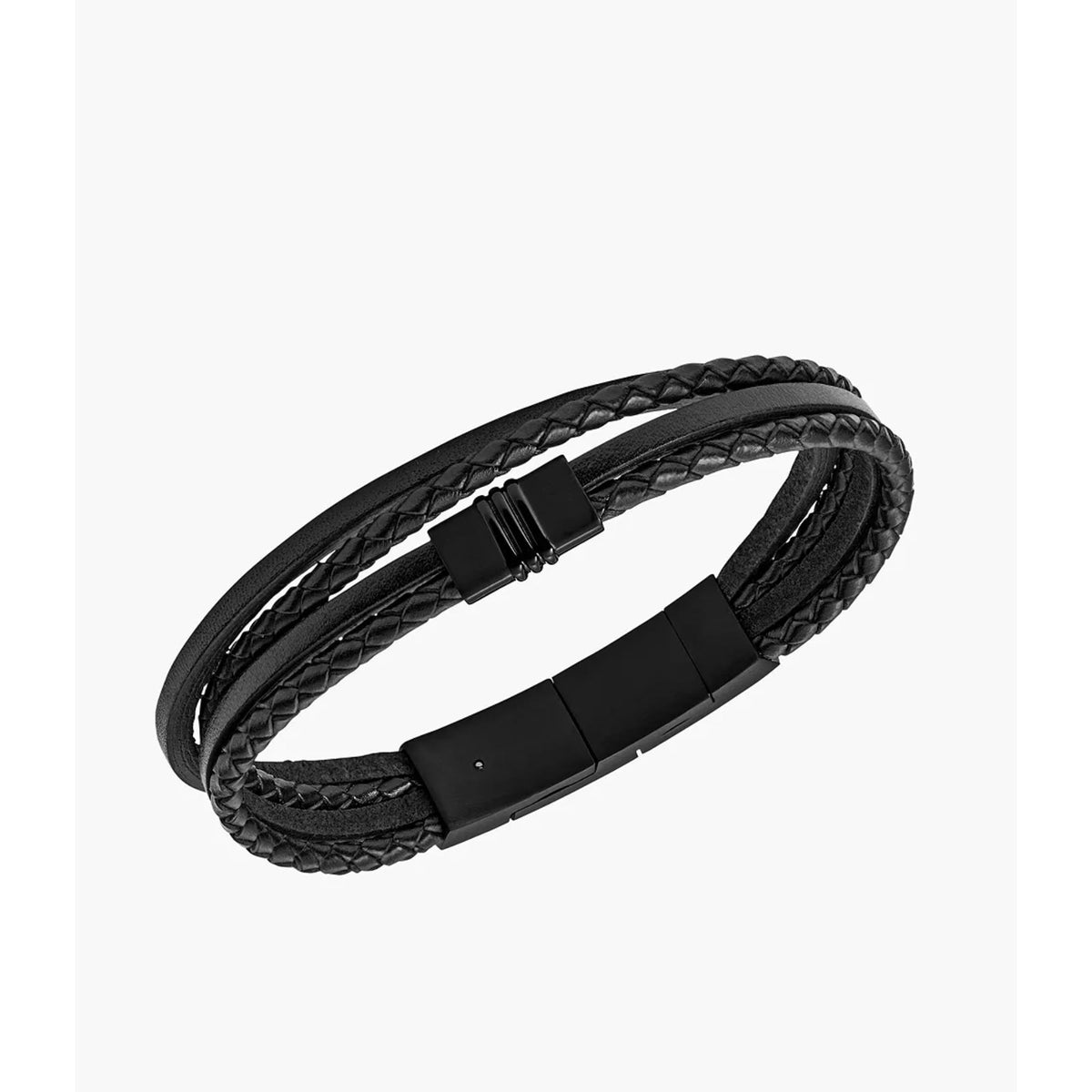 Black leather woven bracelet with double-wrap strands and rectangular clasp detail