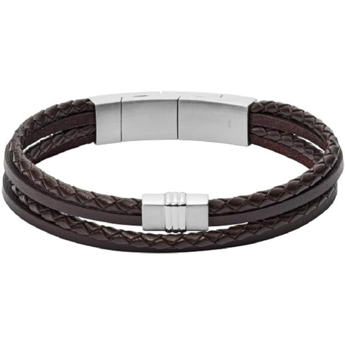 Men's dark-brown braided leather bracelet with silver multi-bar clasp