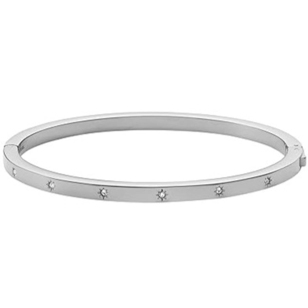 Polished stainless steel bangle with repeating starburst charms and hinged closure