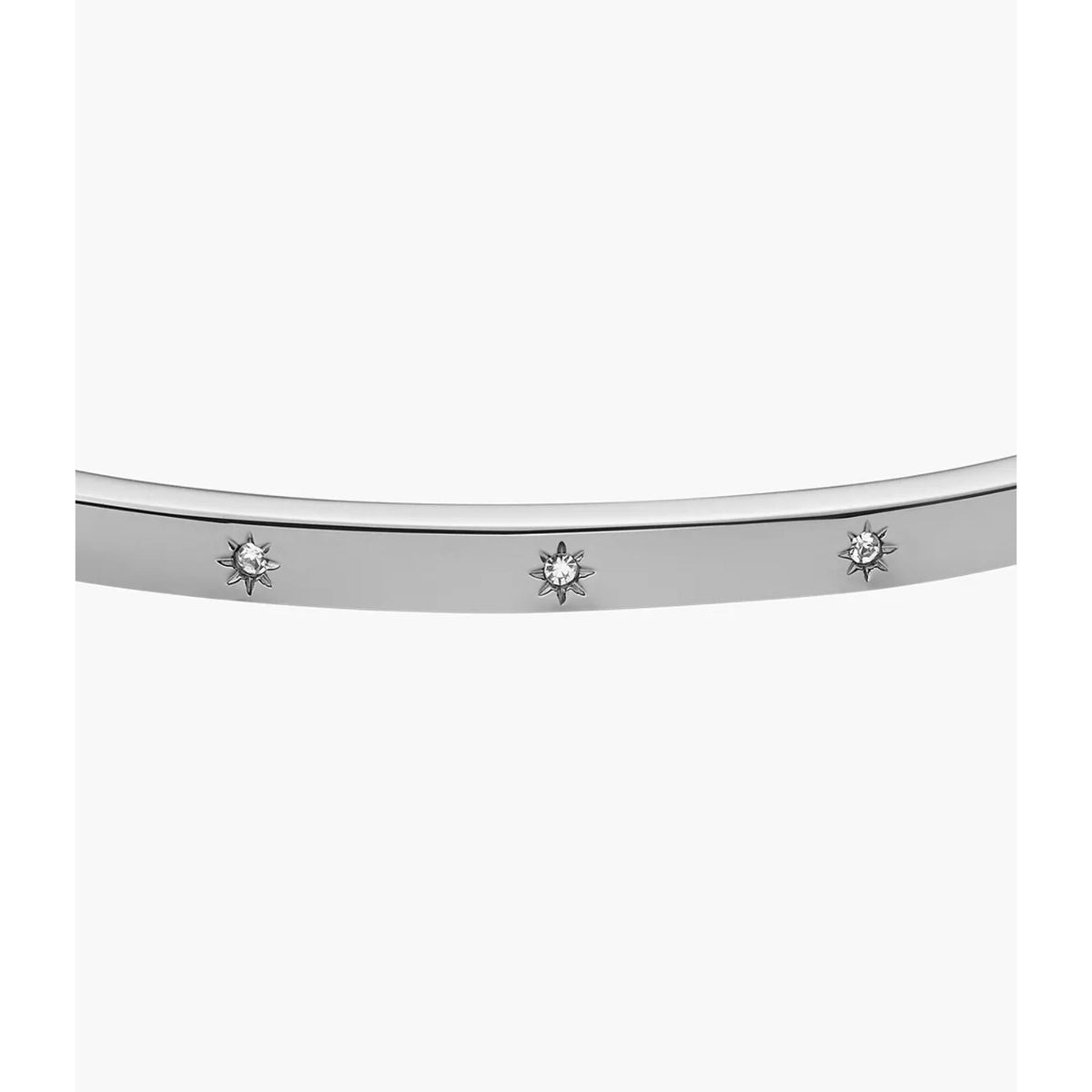 Stainless steel bangle front detail with starburst charms across the bracelet face