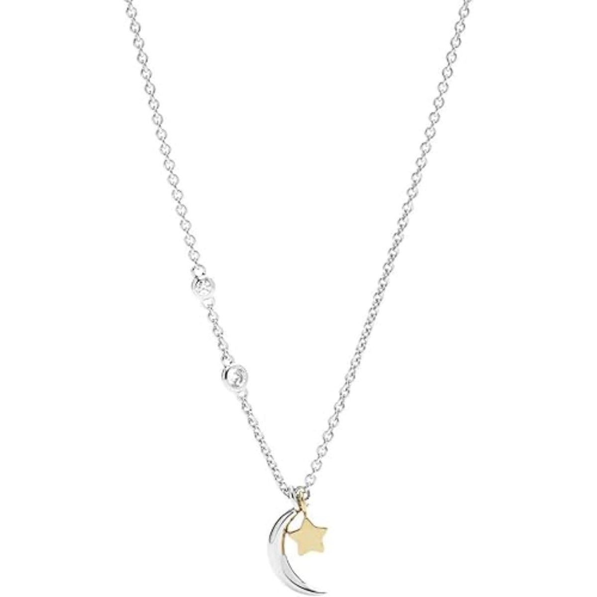 Sterling silver pendant necklace with crescent moon and star charm, shown with full chain