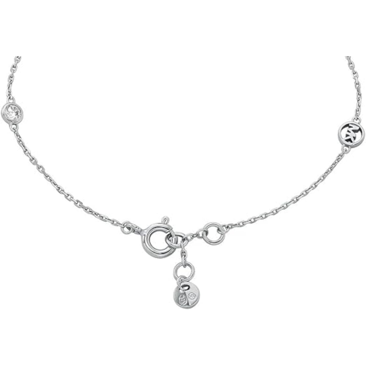 Sterling silver chain bracelet with circular logo links and small heart pendant